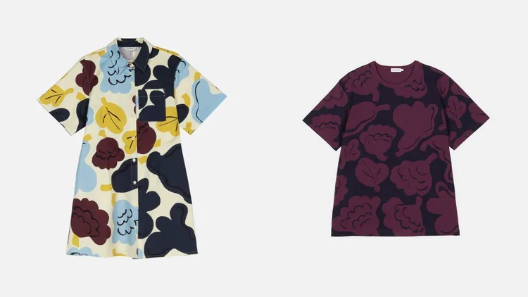 Marimekko Kukasta kukkaan印花襯衫式短洋裝（左）1萬5900元、Kukasta kukkaan印花短袖上衣（右）5990元。品牌提供