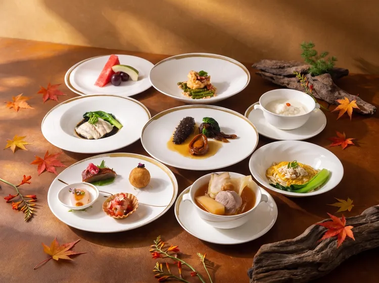 明宮粵菜廳推出「秋韻鮮饌」套餐，集結帝王蟹、胭脂蝦、龍虎斑及鮑魚，展現粵式鮮味。台北老爺酒店提供