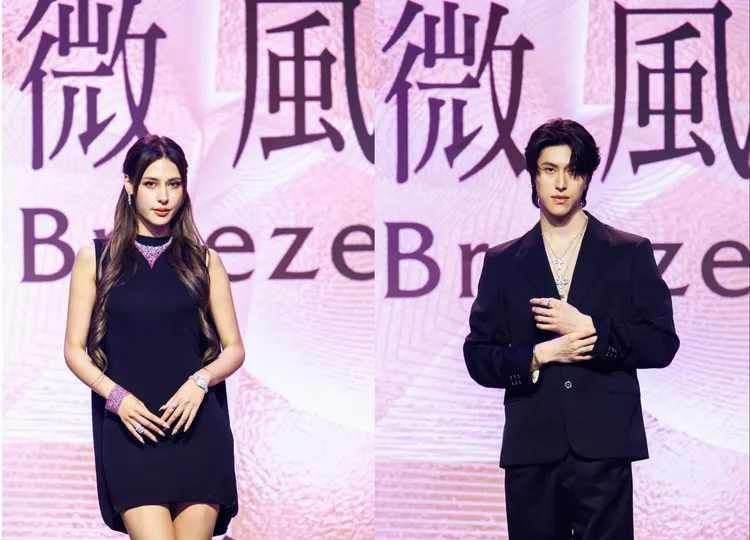 微風女神佟凱玲（左）搭配DAMIANI全球唯一珠寶項鍊，英成晞（右）則以DAMIANI千萬珠寶點綴。微風提供