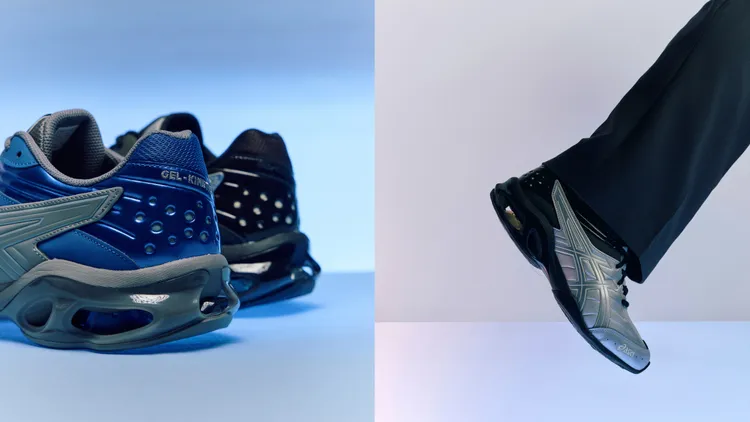 GEL-KINETIC FR鞋身運用異材質拼接與金屬光澤塗裝營造前衛科幻感。品牌提供