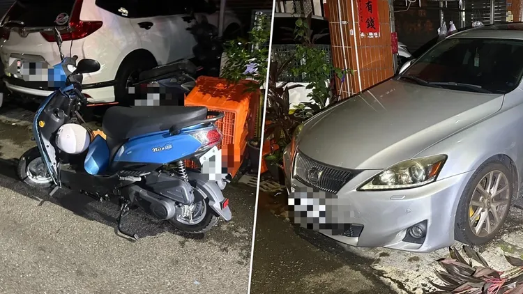 陳姓女騎士酒駕自撞，波及騎樓停放轎車，她輕微擦挫傷，未造成其他人員傷亡。民眾提供