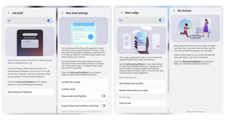 One UI 9 Beta 2為Galaxy S24系列加入Call Brief、Now Brief自訂資訊卡及Now Nudge等AI功能，並下放Galaxy Z8系列的My FanCam，可在拍攝影片時鎖定指定人物並持續追蹤。@tarunvats33 X
