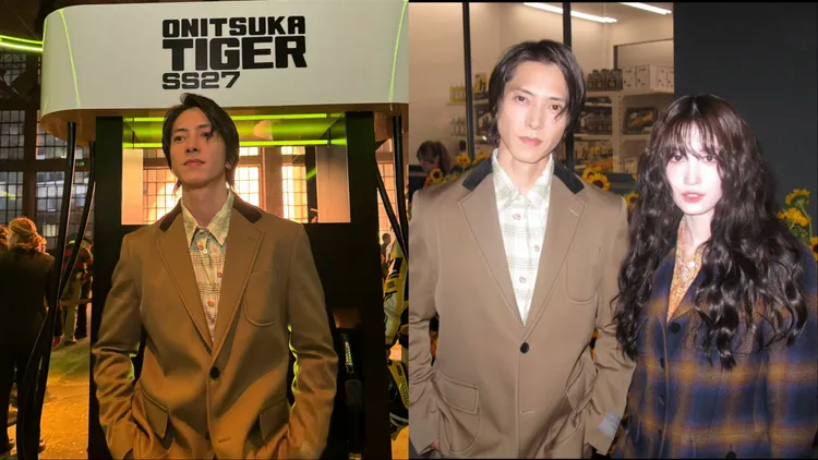 山下智久（左圖、右圖左）以棕色西裝亮相，還在秀場跟MOMO（右圖右）合照。左圖翻攝山下智久IG、右圖翻攝MOMO IG