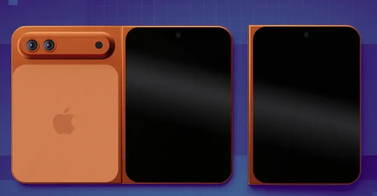 蘋果首式摺疊iPhone傳出採用書本式左右內摺設計，搭載雙鏡頭相機，展開後內螢幕尺寸接近8吋，可望果粉終於等到蘋果跨足摺疊手機市場。PCMag生成的摺疊機示意照片 