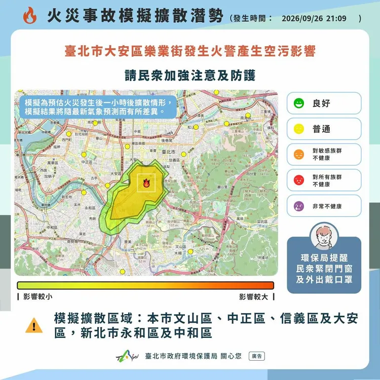 大安區都更案火警，煙霧影響範圍。北市府提供