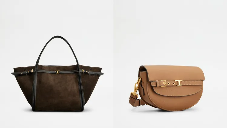TOD'S T SIGNATURE 深棕色麂皮手提肩背包（左）8萬9900元、T SIGNATURE 棕色斜背包（右）6萬6900元。品牌提供