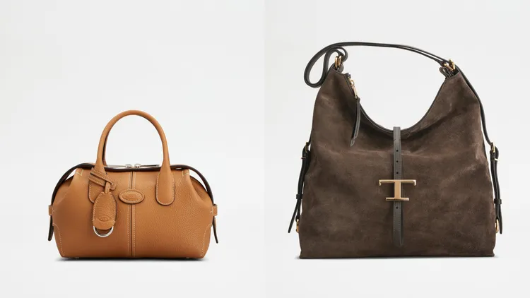 TOD'S DI BAG 棕色手提斜背包（左）8萬9900元、T TIMELESS棕色麂皮肩背後背兩用包（右）8萬3900元。品牌提供