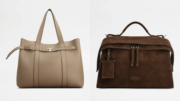 TOD'S T SIGNATURE米色托特包（左）、WAVE棕色绒面手提斜背包（右），各11萬3900元。品牌提供