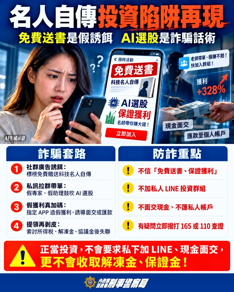 名人自傳投資陷阱再現。警方提供