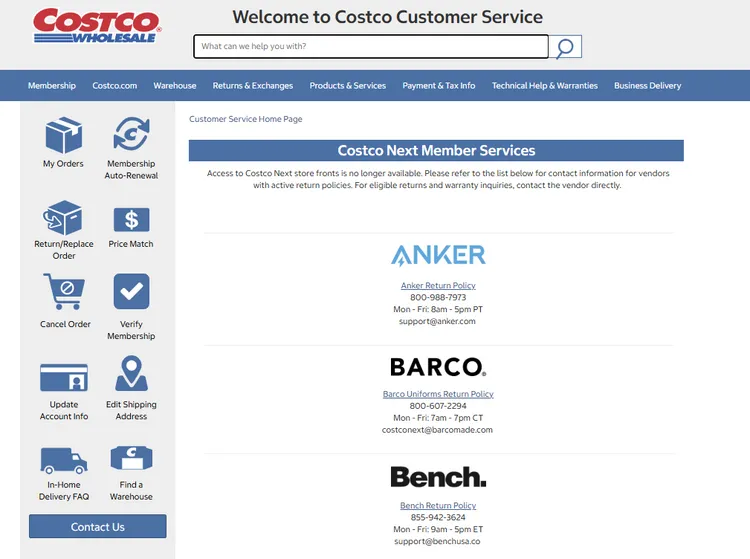 Costco Next通知已不再提供服務。翻攝美國好市多官網