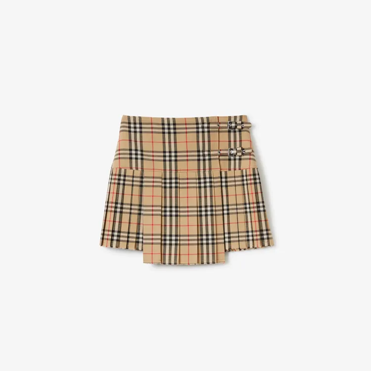Burberry典藏米色摺飾格紋羊毛迷你蘇格蘭裙，3萬9500元。品牌提供