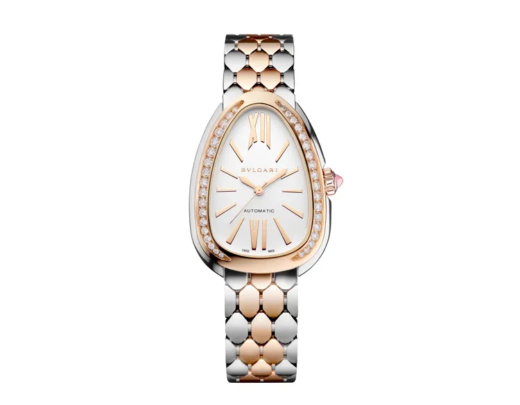 BVLGARI SERPENTI SEDUTTORI精鋼與玫瑰金鑲鑽腕錶。品牌提供