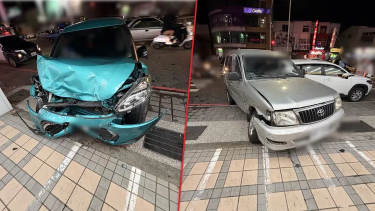 待轉的客貨車遭撞後向前滑行，與另部直行轎車碰撞，撞進路旁騎樓。民眾提供