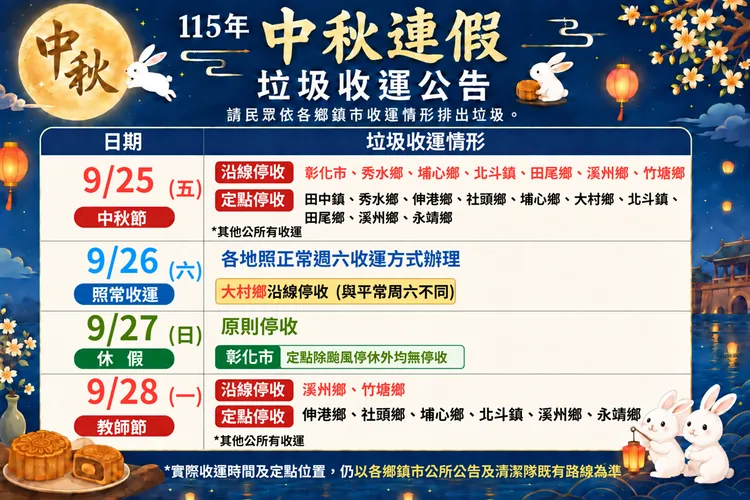 彰化縣市中秋連假收運垃圾。翻攝自環保局