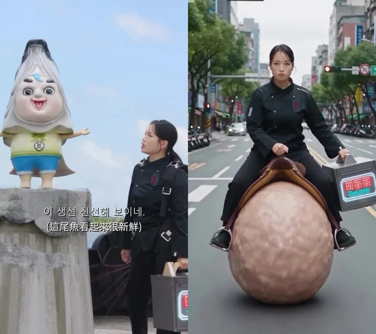 鄭智善在廣告中遇到虱目魚小子（左圖）、騎貢丸趕路，充滿台灣元素。翻攝鄭智善IG
