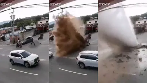 影片｜馬路突炸開「水龍從地心竄出」　騎士棄車嚇逃