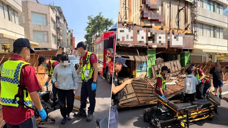 屏東市逢甲路一處招牌突然掉落，路過女騎士被砸到，還有其他汽機車遭波及。民眾提供