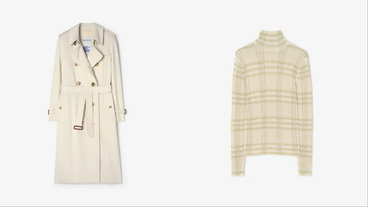 BURBERRY象牙白色長版喀什米爾Kensington風衣（左）14萬9000元、米色格紋嫘縈纖維高領套頭衫（右）5萬5000元。品牌提供