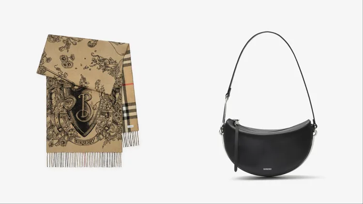 BURBERRY米色雙面版畫風格騎士圖案喀什米爾圍巾（左）3萬2500元、黑色小型Bridle馬鞍包（右）7萬9000元。品牌提供