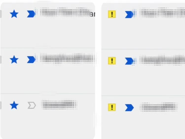 Gmail郵件列表中的星號與重要郵件箭頭顯示為藍色；使用者可在電腦版設定中調整星號顏色，或隱藏重要郵件箭頭。Gmail截圖畫面