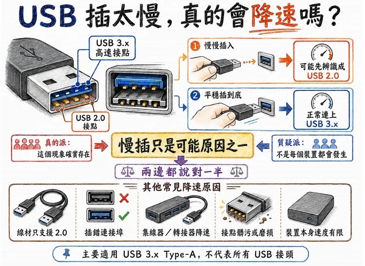 USB 3.x Type-A裝置插入過慢，確實可能因接點接觸時序先被辨識為USB 2.0，但線材、連接埠、轉接器、接點狀況及裝置效能，也都可能造成傳輸降速。AI製圖
