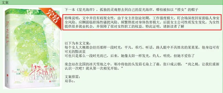 《早春晴朗》原著作者補充文案介紹。翻攝晉江文學城