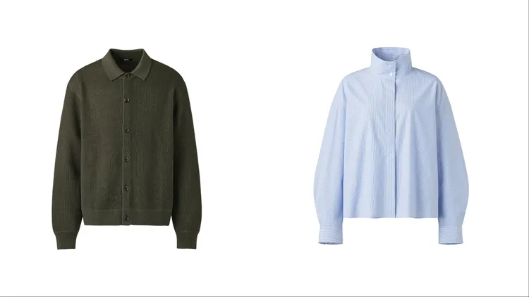 UNIQLO美麗諾混紡襯衫式開襟外套（左）1490元、棉質立領襯衫（右）990元。品牌提供