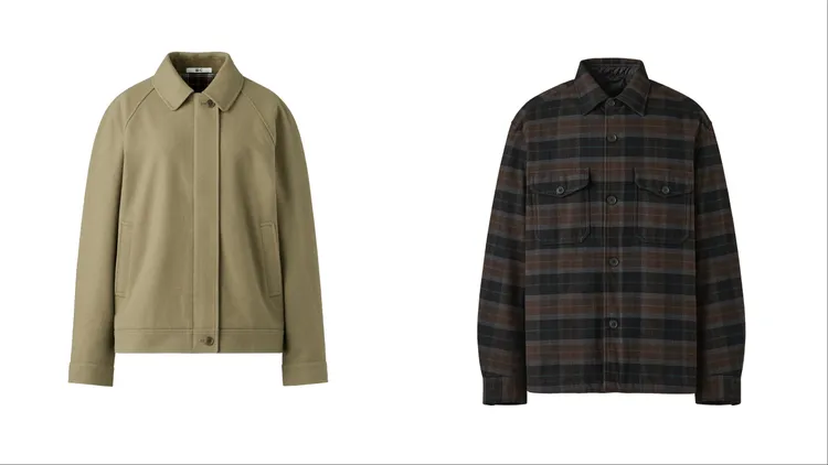 UNIQLO羊毛混紡哈靈頓外套（左）1990元、PADDED襯衫式外套（右）2490元。品牌提供