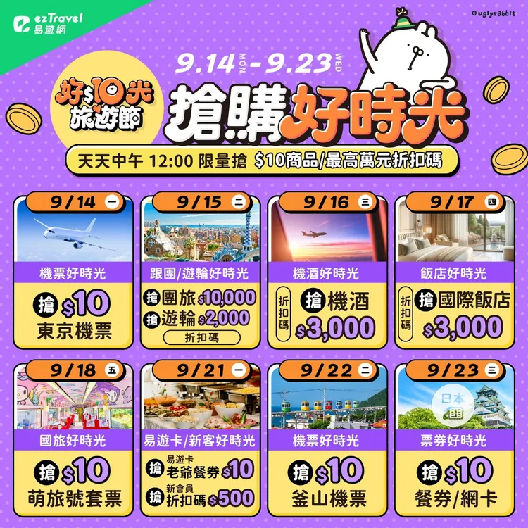 易遊網「好$10光旅遊節」祭出10元日韓機票、10元飯店、10元飯店餐券等限量銅板價商品。業者提供