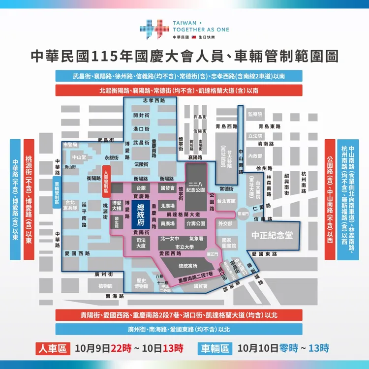 國慶日當日總統府前的升旗儀式，因實施人員及車輛管制，依往例未開放民眾觀禮。慶籌會提供