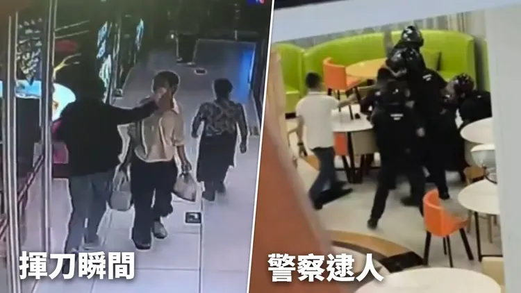 網傳影片顯示黑衣男舉手刺向路人臉部（左圖），警方隨即拘捕一名嫌犯（右圖）。翻攝網路