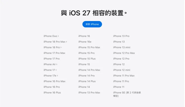 iOS 27支援iPhone 11系列及後續機型，以及第二代與後續iPhone SE；不過能升級新系統，不代表所有裝置都能使用Siri AI等Apple Intelligence功能。Apple官網