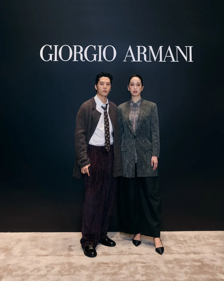 陳庭妮今與胡宇威一起出席活動，否認刻意瞞孕。GIORGIO ARMANI提供