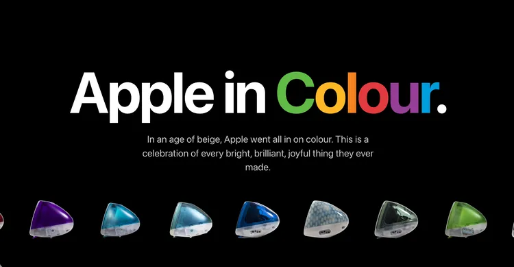 「Apple in Colour」網站以多彩字樣搭配一排半透明iMac G3，帶讀者從1998年的經典設計出發，回顧蘋果近30年的產品配色。Apple in Colour網站