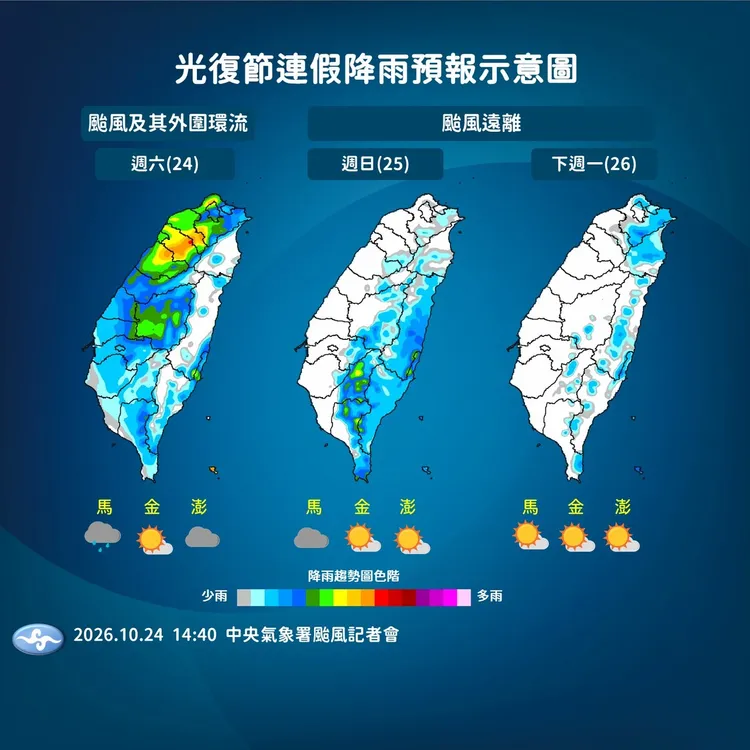 光復節連假降雨預報。氣象署提供