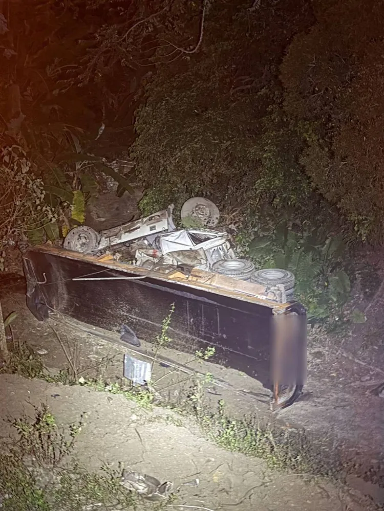 砂石車撞擊國道外側護欄，隨後衝落邊坡。翻攝畫面