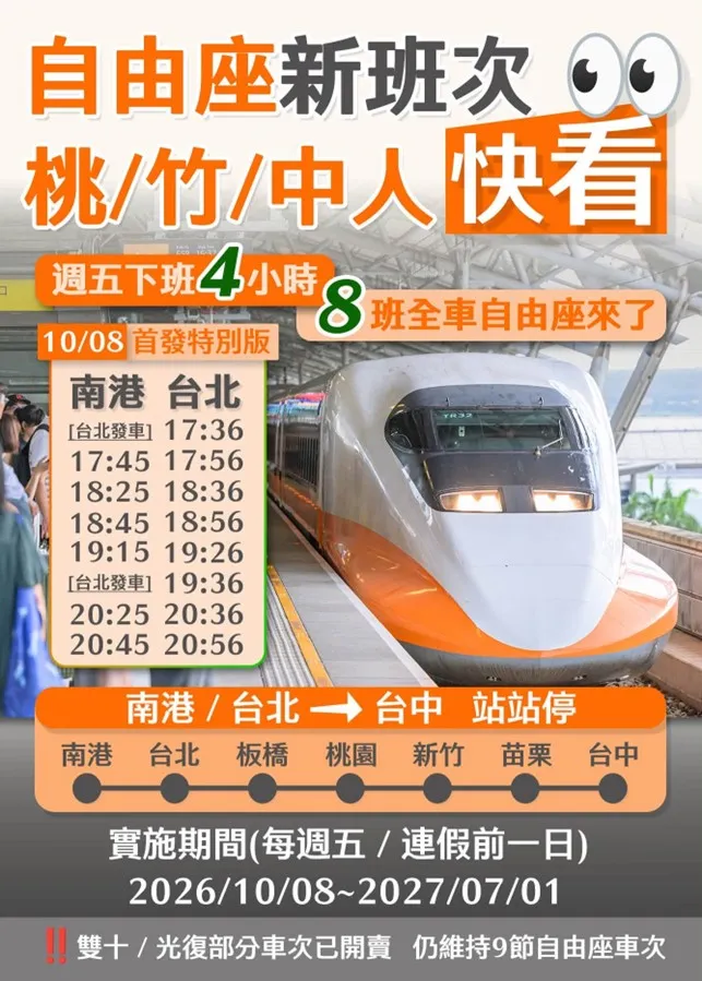 國慶日連假台高鐵疏運措施。交通部提供