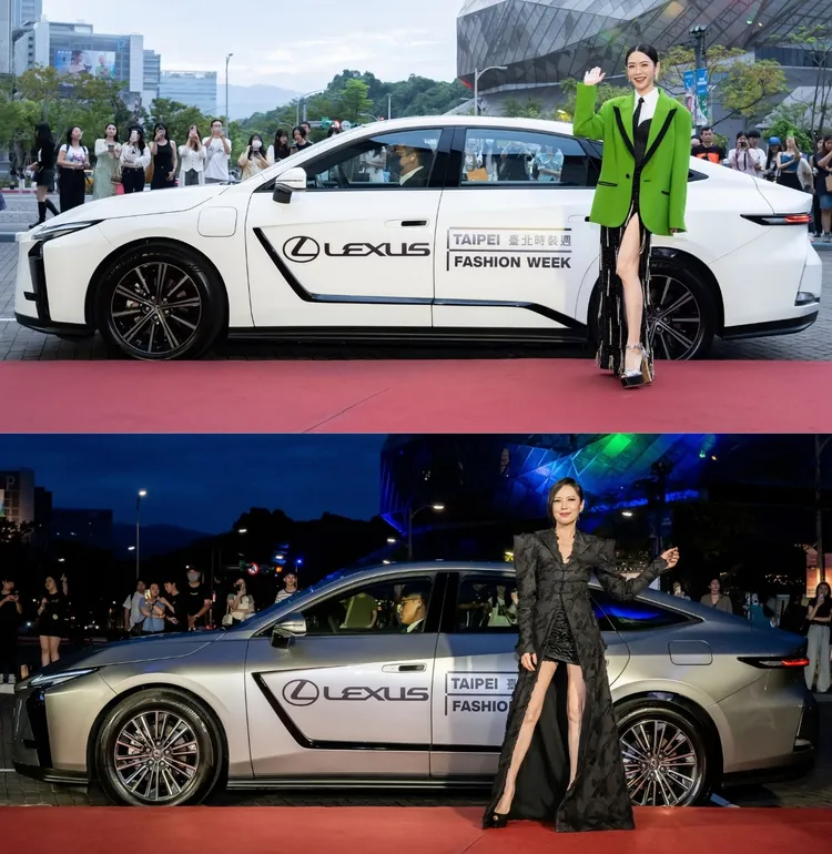 LEXUS 前瞻純電豪華房車 ES 500e擔任「臺北時裝週紅毯禮車」，迎接大秀主持人楊千霈(上)與藝人天心(下)優雅登場，展現品牌與時尚交會的非凡風采。業者提供