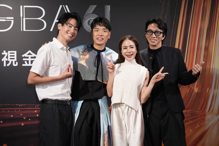 《人生幹大事 上山吧！台灣隊》奪下實境節目獎，主持人Max（左起）、雷艾美、八弟、黃仕傑一起出席慶功宴。彭欣偉攝