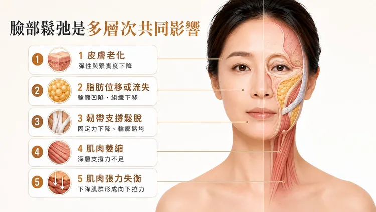 皮膚老化、脂肪位移、韌帶鬆脫與肌肉失衡各自影響輪廓，臉部鬆弛多半是多層次共同影響的結果。