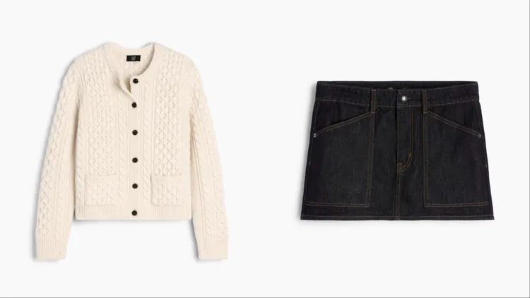 Gap x A.P.C.聯名系列羊毛粗織麻花針織外套（左）4999元、迷你裙（右）2699元。品牌提供