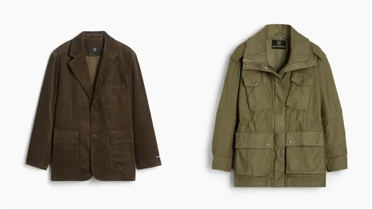 Gap x A.P.C.聯名系列燈芯絨西裝外套（左）5499元、軍裝風夾克外套（右）4999元。品牌提供