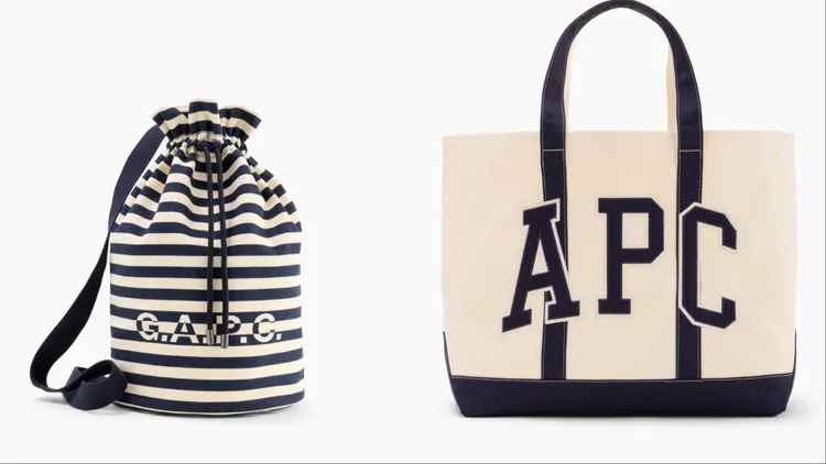 Gap x A.P.C.聯名系列條紋圓筒包（左）、帆布Logo托特包（右），各2699元。品牌提供