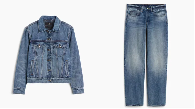 Gap x A.P.C.聯名系列經典丹寧夾克外套（左）、90年代低腰寬鬆牛仔褲（右），各3999元。品牌提供