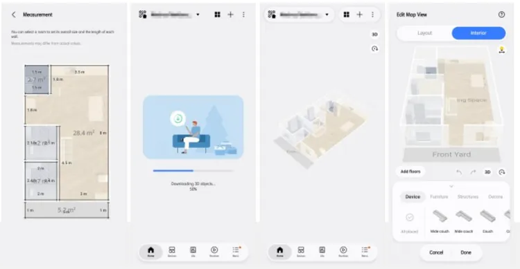 SmartThings更新3D居家地圖設定流程，可設定房間尺寸、下載3D物件，並加入家具與裝置，呈現家中空間配置。翻攝Samsung Members