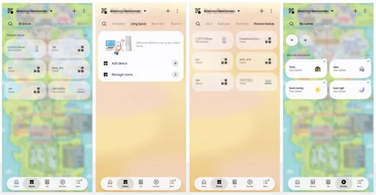 新版SmartThings以卡片呈現裝置與例行程序，使用者可依房間查看裝置，並設定返家、外出、早安與晚安等情境。翻攝Samsung Members