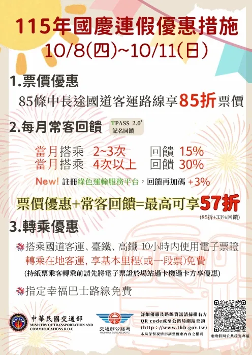 國慶連假國道客運優惠。高公局提供