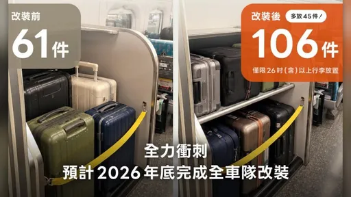 高鐵「雙層行李架」可放106個行李箱　比日本新幹線更多！
