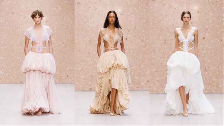Chloé 2027春夏系列將蕾絲被拆解轉化為帶有線條感的浪漫束帶。品牌提供