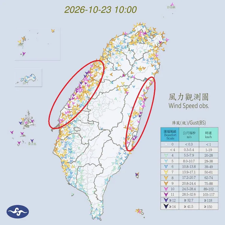 鄭明典提醒，沿海地區持續出現10級以上陣風。鄭明典臉書